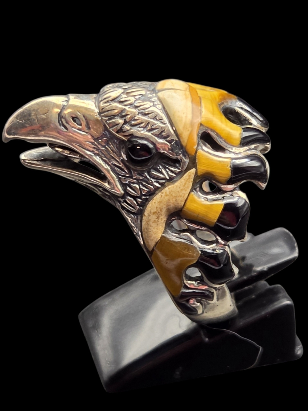 Sterling Eagle Head Ring Tiger's Eye Jasper Onyx 12